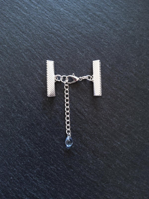 Silver Plated Crimp End Sets for Ribbon (various sizes) with Clear Blue Glass Drop Extender