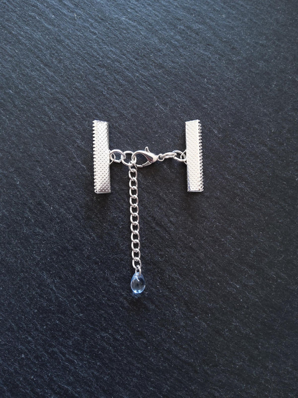 Silver Plated Crimp End Sets for Ribbon (various sizes) with Clear Blue Glass Drop Extender