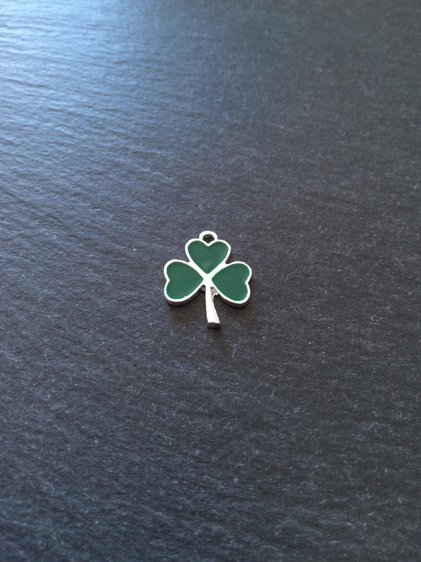 2 or 10 Clover Charms Bright Silver Alloy With Green Enamel 20x16mm