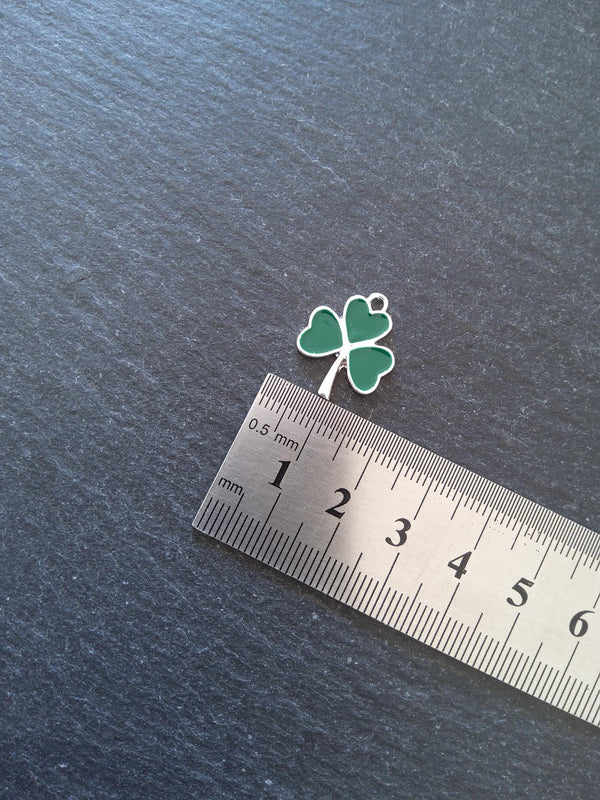 2 or 10 Clover Charms Bright Silver Alloy With Green Enamel 20x16mm