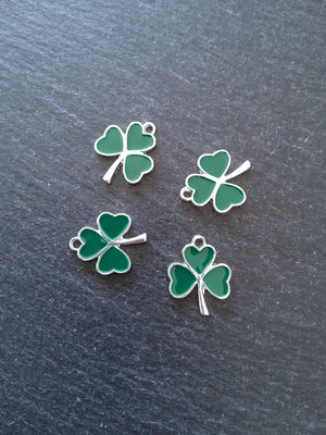 2 or 10 Clover Charms Bright Silver Alloy With Green Enamel 20x16mm