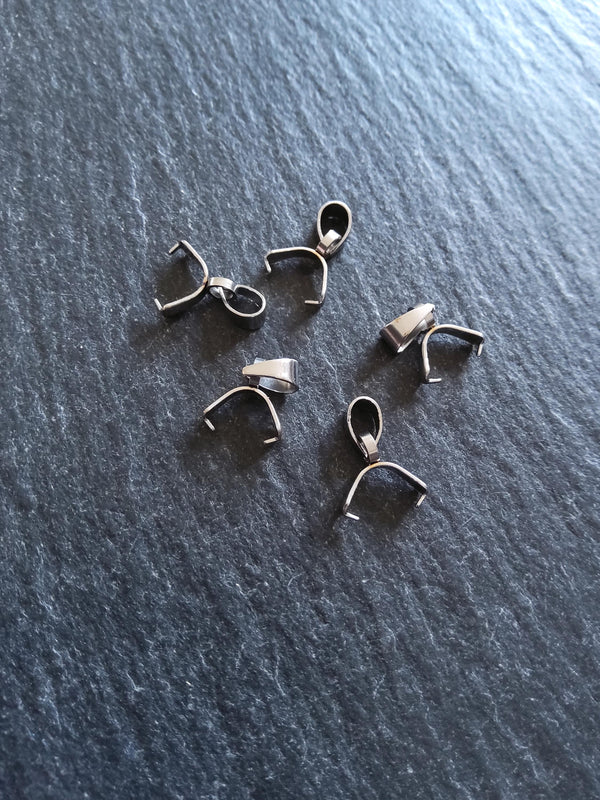 6 or 30 Stainless Steel Ice Pick Pinch Bails for Pendants 9x6.5x2.5mm