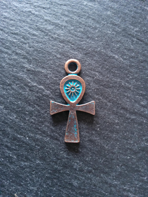 4 or 20 Ankh Charms Antique Copper Tone Alloy with Blue Patina 30x16mm