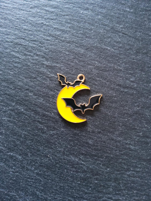 2 or 10 Bat and Moon Pendant Charms Light Gold Tone Alloy with Yellow & Black Enamel 25x24mm