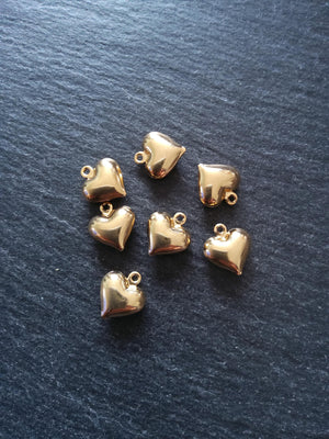 2 or 10 Heart Charms 18K Gold Plated Solid Stainless Steel 13x11.5x4.5mm