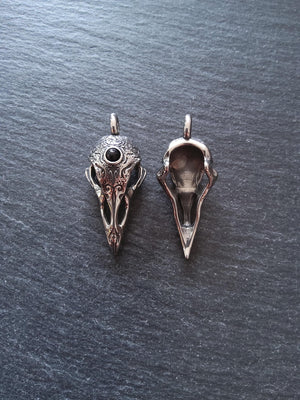Surgical Steel Norse Raven Skull Pendant With Black Glass Cabochon 44x19x16mm