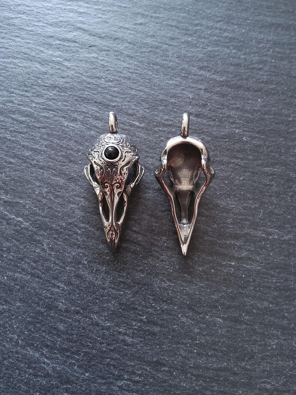 Surgical Steel Norse Raven Skull Pendant With Black Glass Cabochon 44x19x16mm