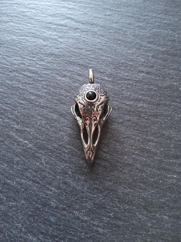 Surgical Steel Norse Raven Skull Pendant With Black Glass Cabochon 44x19x16mm