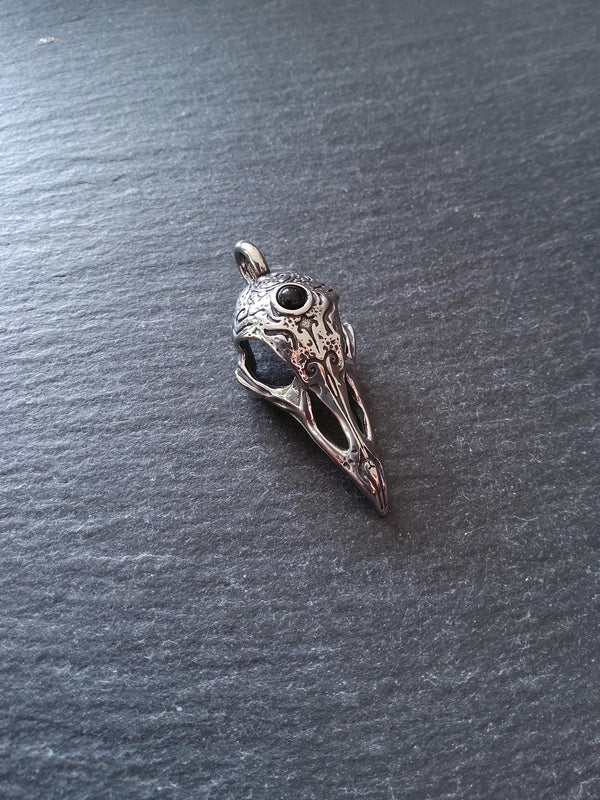 Surgical Steel Norse Raven Skull Pendant With Black Glass Cabochon 44x19x16mm