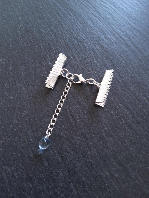 Silver Plated Crimp End Sets for Ribbon (various sizes) with Clear Blue Glass Drop Extender