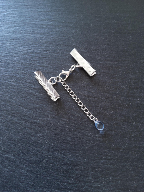 Silver Plated Crimp End Sets for Ribbon (various sizes) with Clear Blue Glass Drop Extender