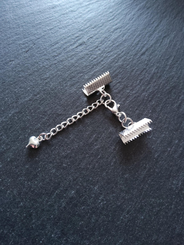 5 or 25 Silver Plated Crimp End Sets for 16mm (5/8") Wide Ribbon with HEART Extender Chain