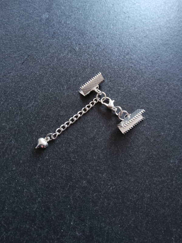 5 or 25 Silver Plated Crimp End Sets for 16mm (5/8") Wide Ribbon with HEART Extender Chain