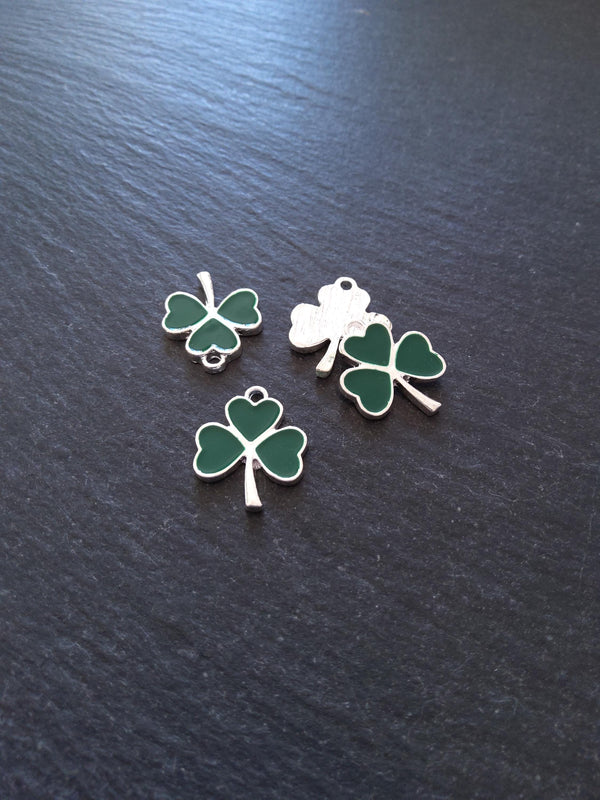 2 or 10 Clover Charms Bright Silver Alloy With Green Enamel 20x16mm