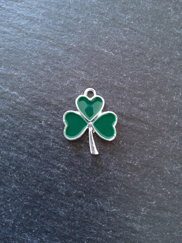2 or 10 Clover Charms Bright Silver Alloy With Green Enamel 20x16mm
