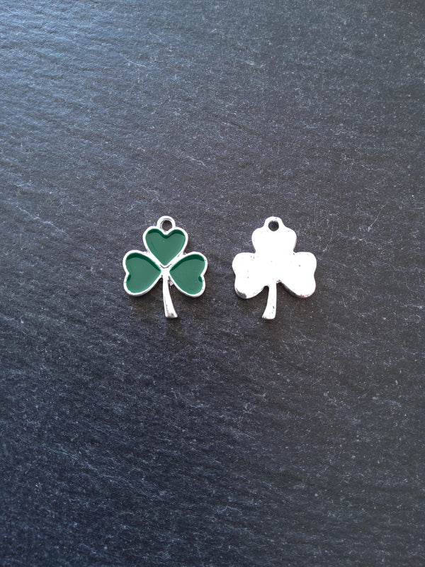 2 or 10 Clover Charms Bright Silver Alloy With Green Enamel 20x16mm