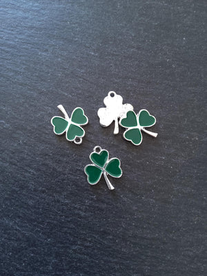 2 or 10 Clover Charms Bright Silver Alloy With Green Enamel 20x16mm