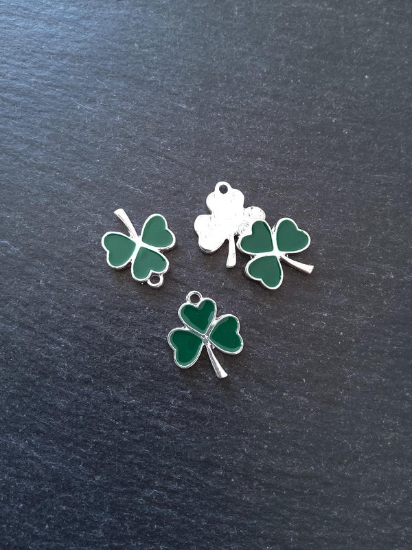 2 or 10 Clover Charms Bright Silver Alloy With Green Enamel 20x16mm