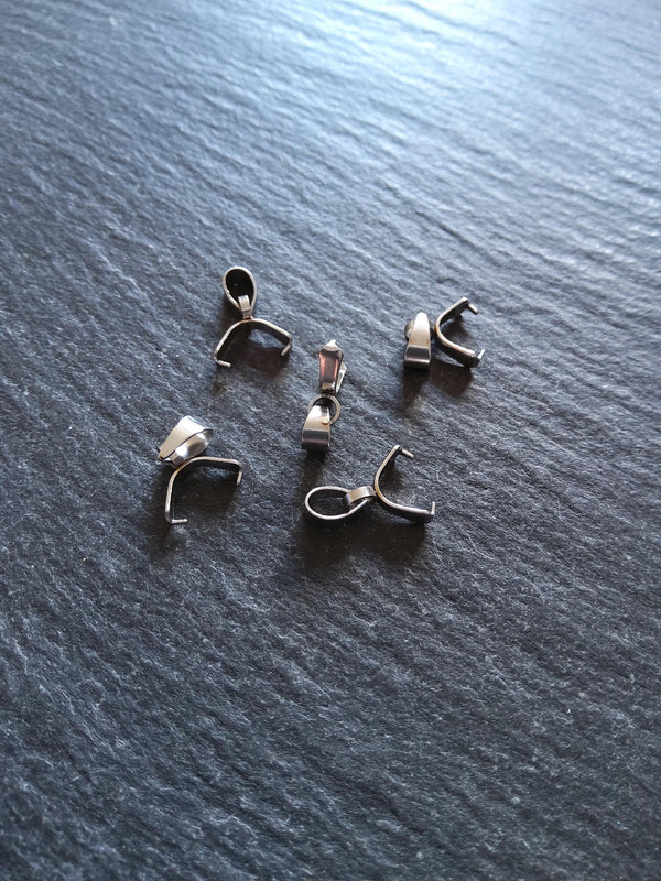 6 or 30 Stainless Steel Ice Pick Pinch Bails for Pendants 9x6.5x2.5mm