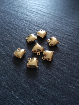 2 or 10 Heart Charms 18K Gold Plated Solid Stainless Steel 13x11.5x4.5mm