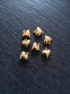 2 or 10 Heart Charms 18K Gold Plated Solid Stainless Steel 13x11.5x4.5mm