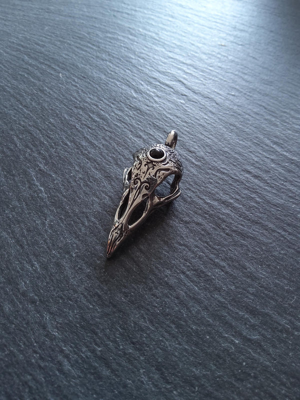 Surgical Steel Norse Raven Skull Pendant With Black Glass Cabochon 44x19x16mm