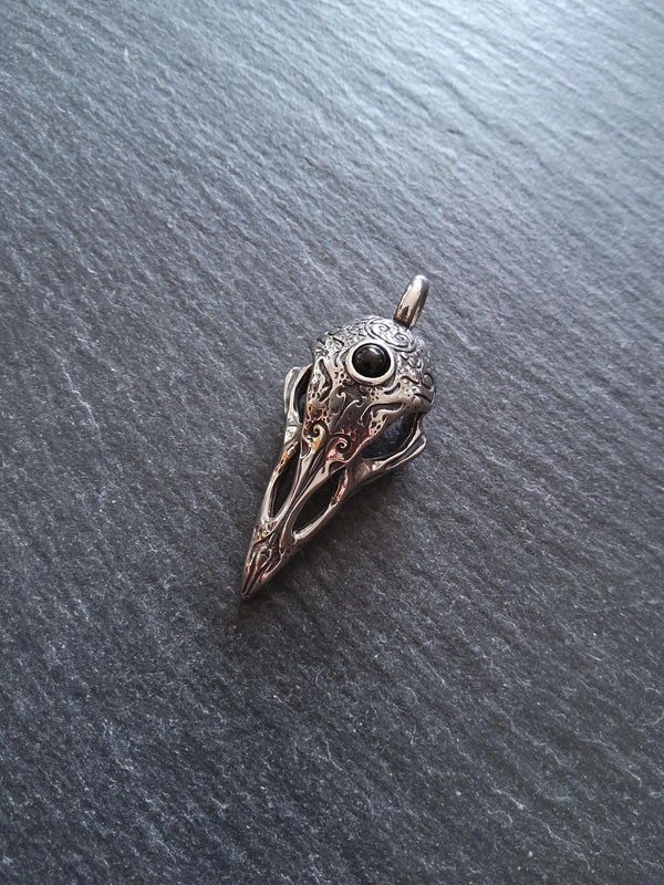 Surgical Steel Norse Raven Skull Pendant With Black Glass Cabochon 44x19x16mm