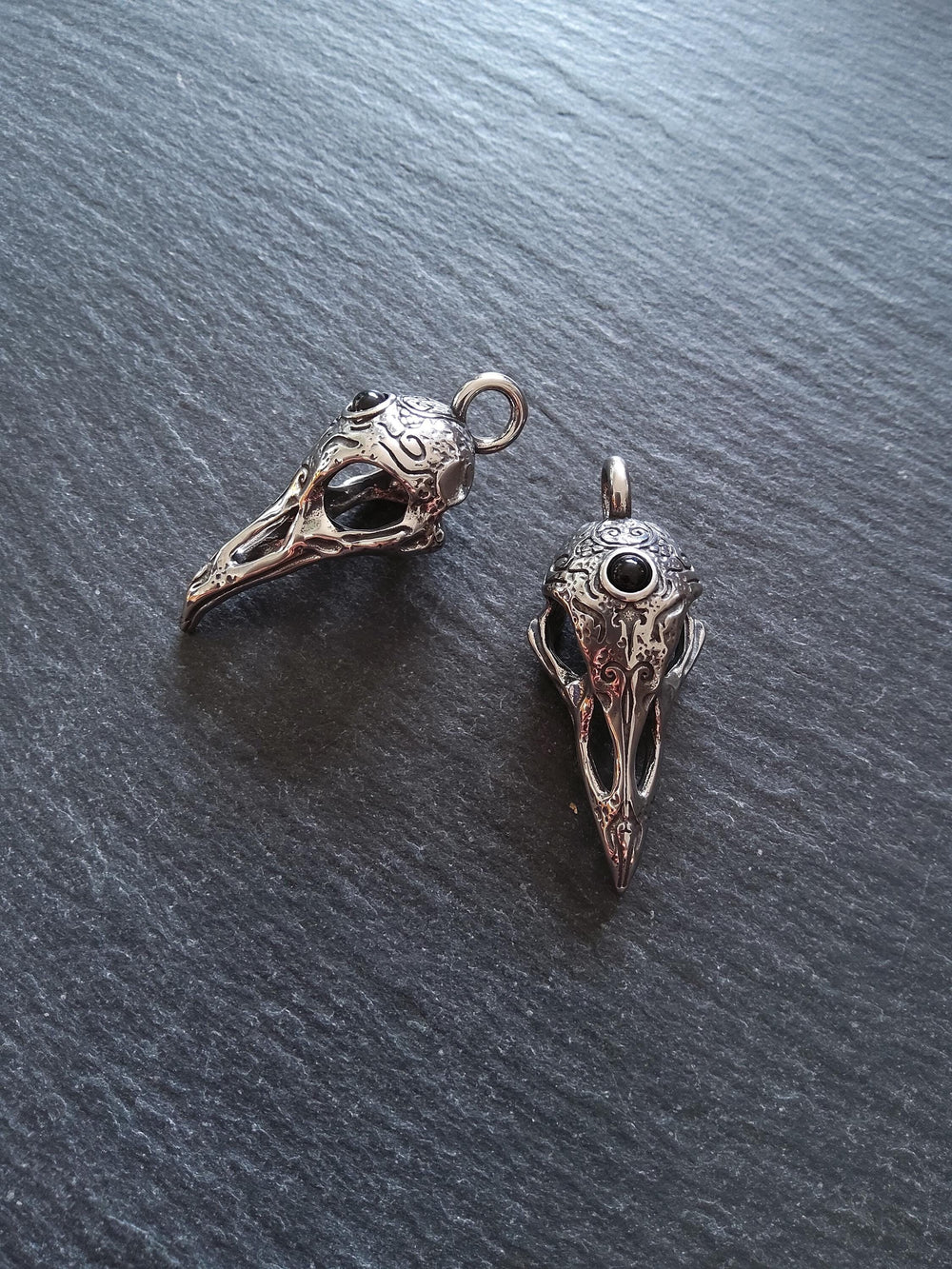 Surgical Steel Norse Raven Skull Pendant With Black Glass Cabochon 44x19x16mm