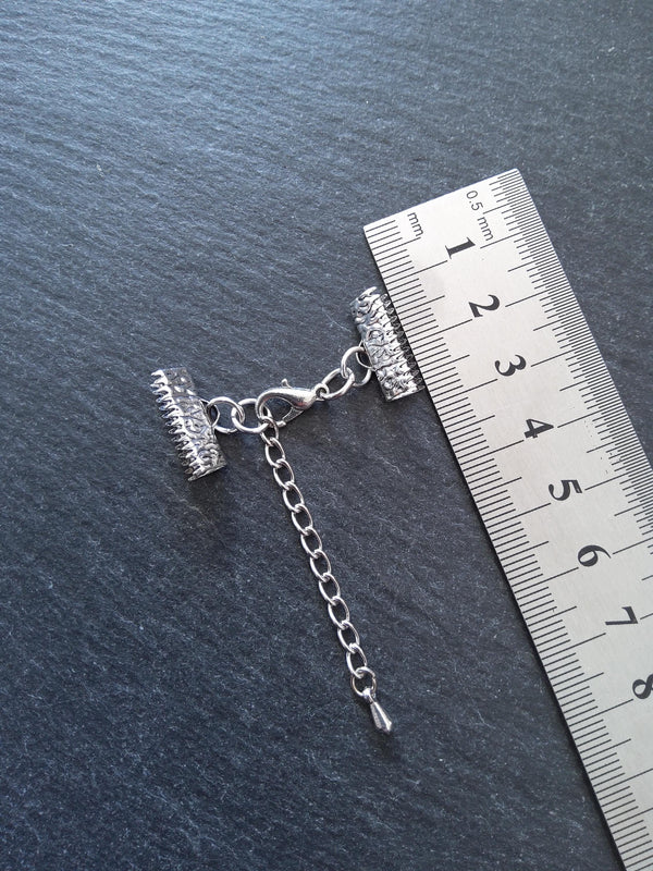 Patterned Silver Tone Alloy Crimp End Sets for 6mm or 16mm Ribbon