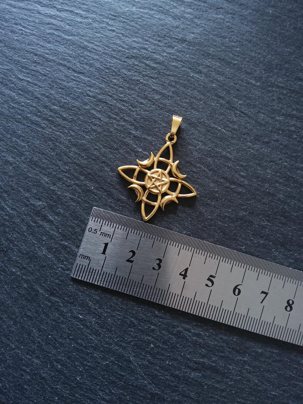Witches Knot Pentagram & Moon Pendant Gold Stainless Steel 31x34mm
