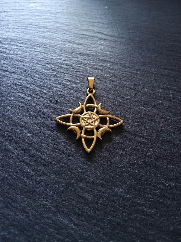 Witches Knot Pentagram & Moon Pendant Gold Stainless Steel 31x34mm