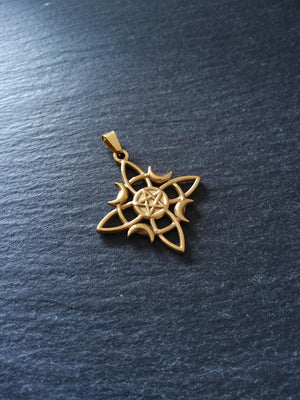 Witches Knot Pentagram & Moon Pendant Gold Stainless Steel 31x34mm