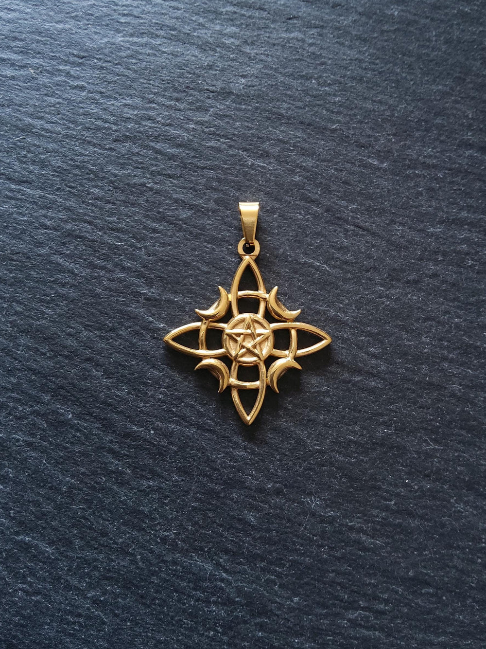 Witches Knot Pentagram & Moon Pendant Gold Stainless Steel 35x31x2.5mm