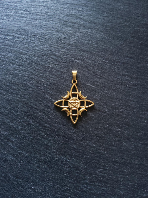 Witches Knot Pentagram & Moon Pendant Gold Stainless Steel 31x34mm
