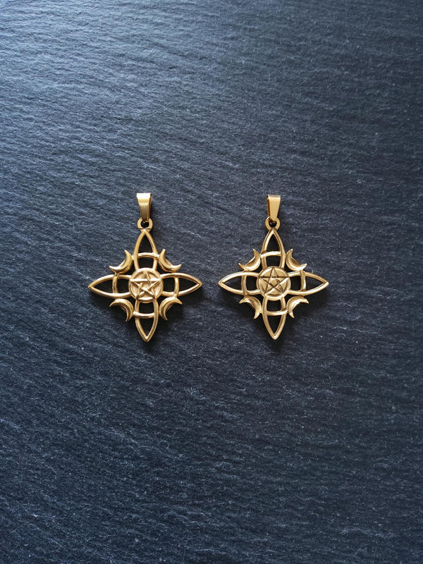 Witches Knot Pentagram & Moon Pendant Gold Stainless Steel 31x34mm