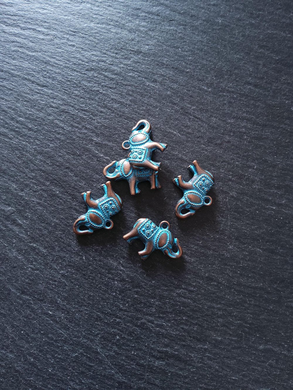 6 or 30 Antique Copper Tone Elephant Charms With Blue Patina 22x18x5mm