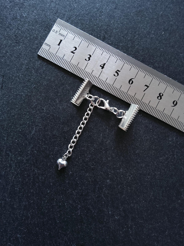 5 or 25 Silver Plated Crimp End Sets for 16mm (5/8") Wide Ribbon with HEART Extender Chain