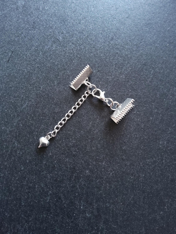 5 or 25 Silver Plated Crimp End Sets for 16mm (5/8") Wide Ribbon with HEART Extender Chain
