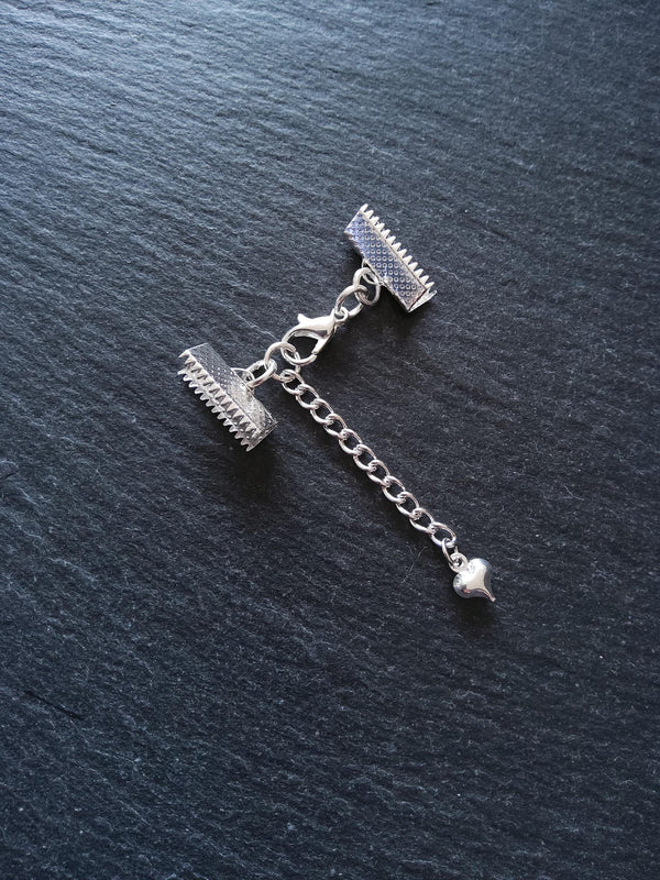 5 or 25 Silver Plated Crimp End Sets for 16mm (5/8") Wide Ribbon with HEART Extender Chain
