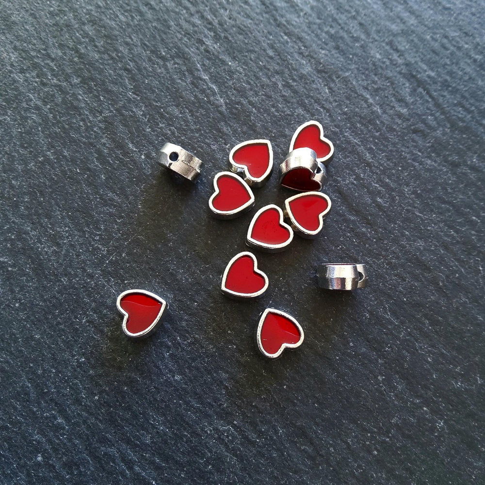 6 or 30 Heart Beads 8mm Antique Silver Tone with Red Enamel 8.5x8x4.2mmmm