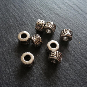 6 or 30 Antique Silver Tone Beads Scroll Design Cylinder Spacer 11x7mm Large 5mm Hole Nickel FREE