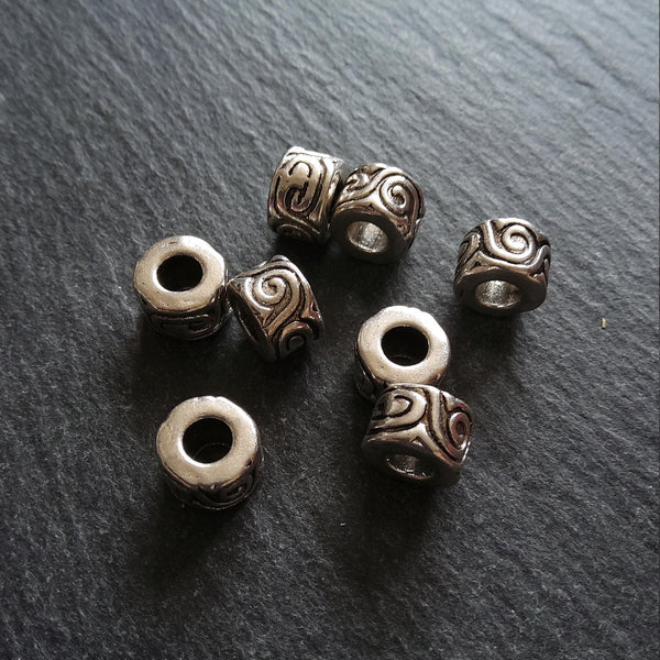 6 or 30 Antique Silver Tone Beads Scroll Design Cylinder Spacer 11x7mm Large 5mm Hole Nickel FREE