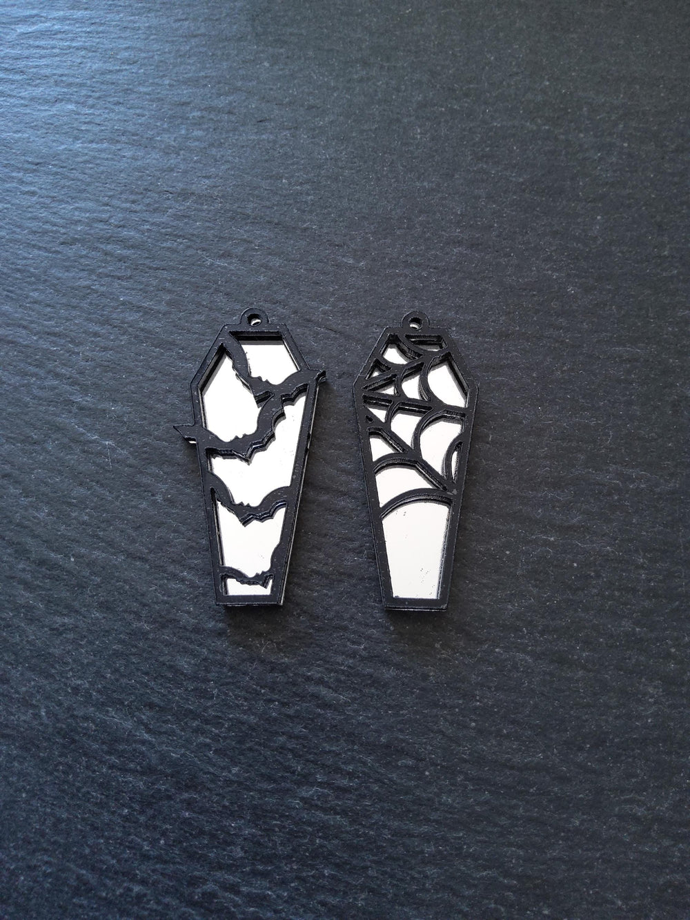 Set of 2 Black & Mirrored Acrylic Coffin Charms Bat and Spider Web 47.5x20mm