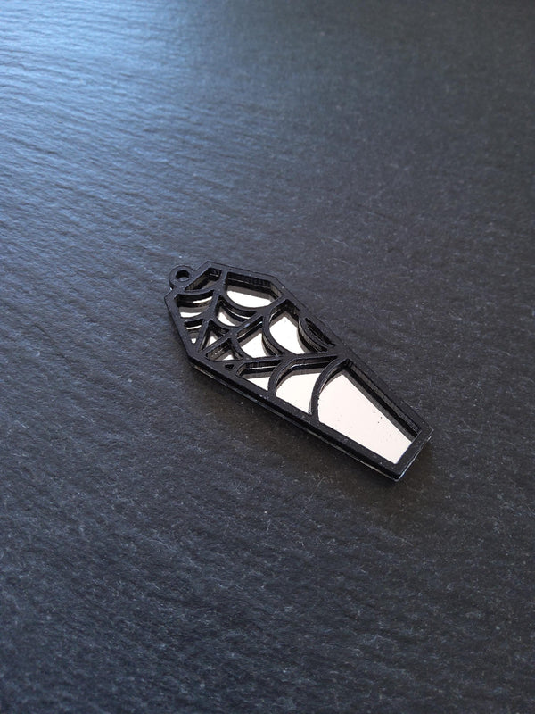 Set of 2 Black & Mirrored Acrylic Coffin Charms Bat and Spider Web 47.5x20mm