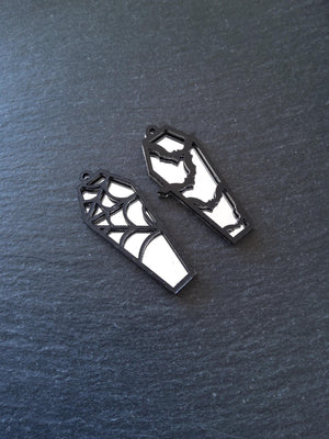 Set of 2 Black & Mirrored Acrylic Coffin Charms Bat and Spider Web 47.5x20mm