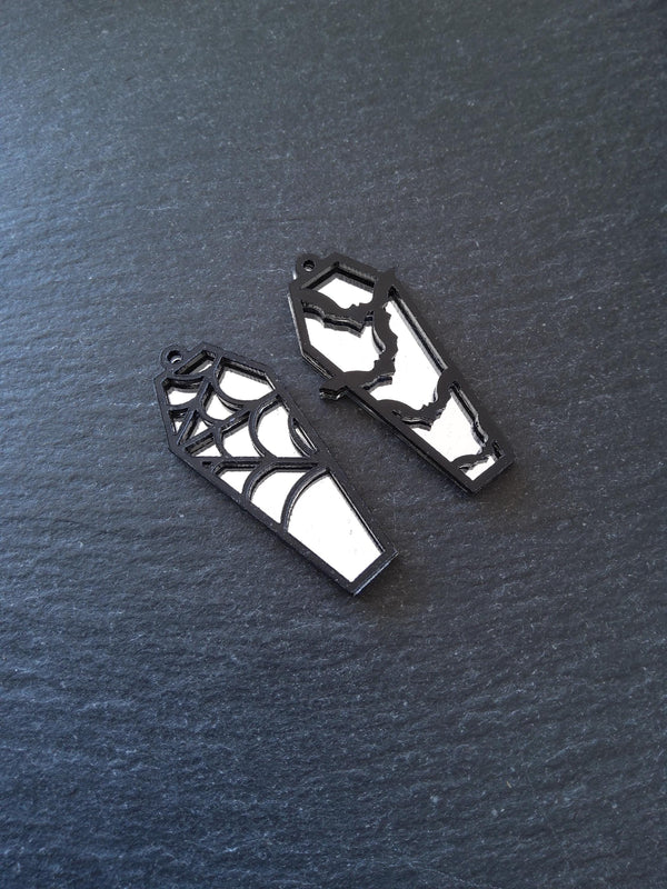 Set of 2 Black & Mirrored Acrylic Coffin Charms Bat and Spider Web 47.5x20mm