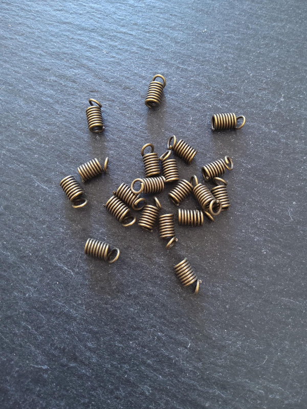 50 Coil Crimp End Spring Crimps for 2mm Cord Antique Bronze Tone Alloy 9x4mm
