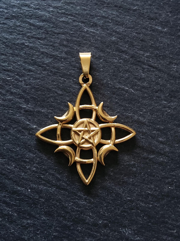 Witches Knot Pentagram & Moon Pendant Gold Stainless Steel 31x34mm
