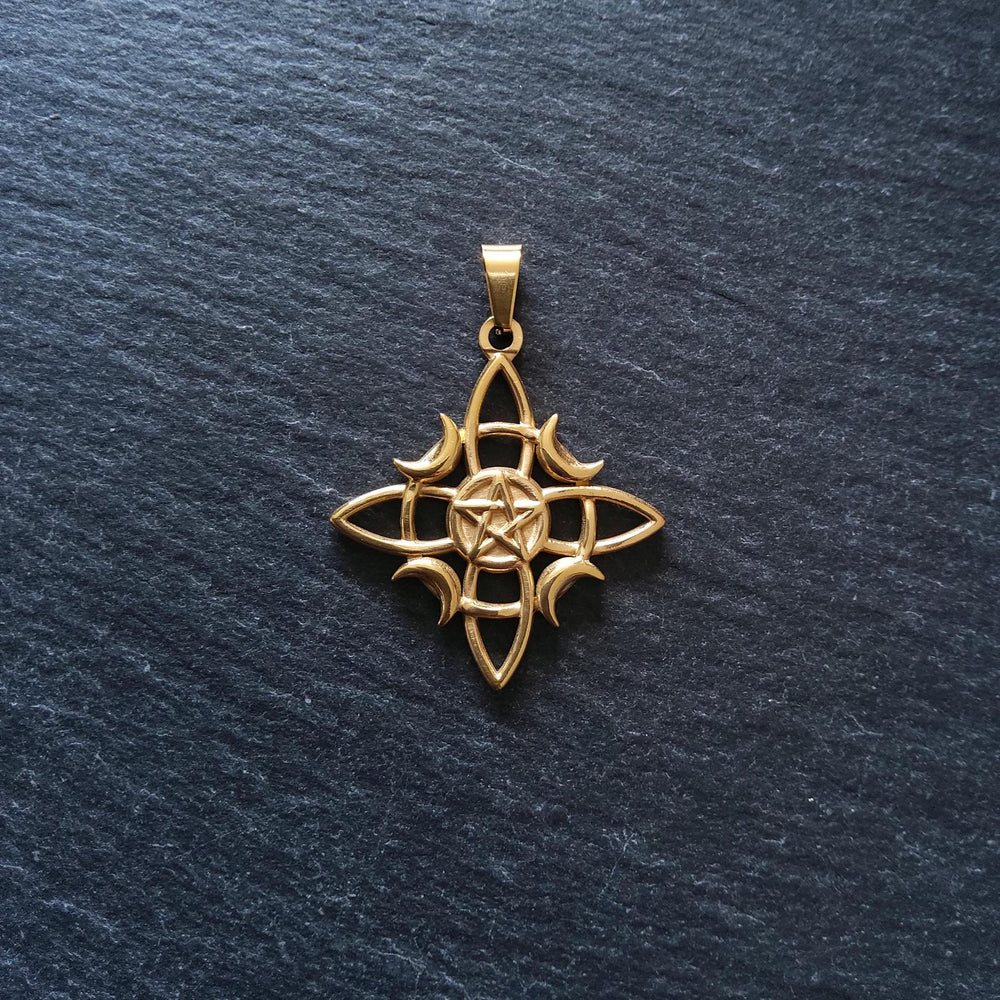 Witches Knot Pentagram & Moon Pendant Gold Stainless Steel 31x34mm