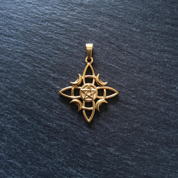 Witches Knot Pentagram & Moon Pendant Gold Stainless Steel 31x34mm